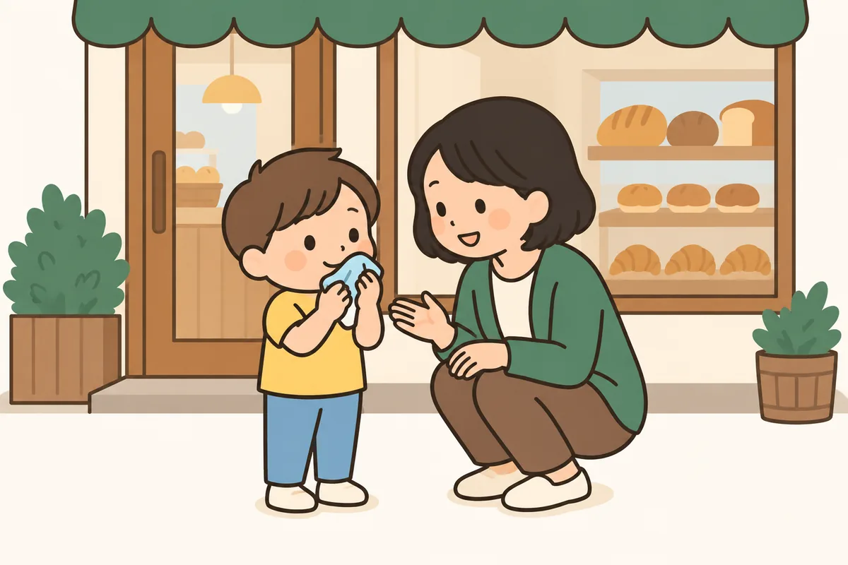 お店の入り口の前で、子どもがハンカチを鼻にあて、大人がそばで話しかけている