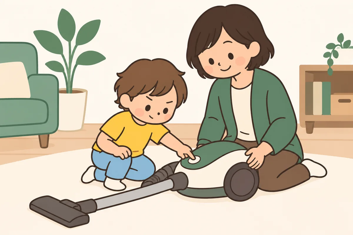 掃除機のスイッチを、子どもが自分で押そうとしている