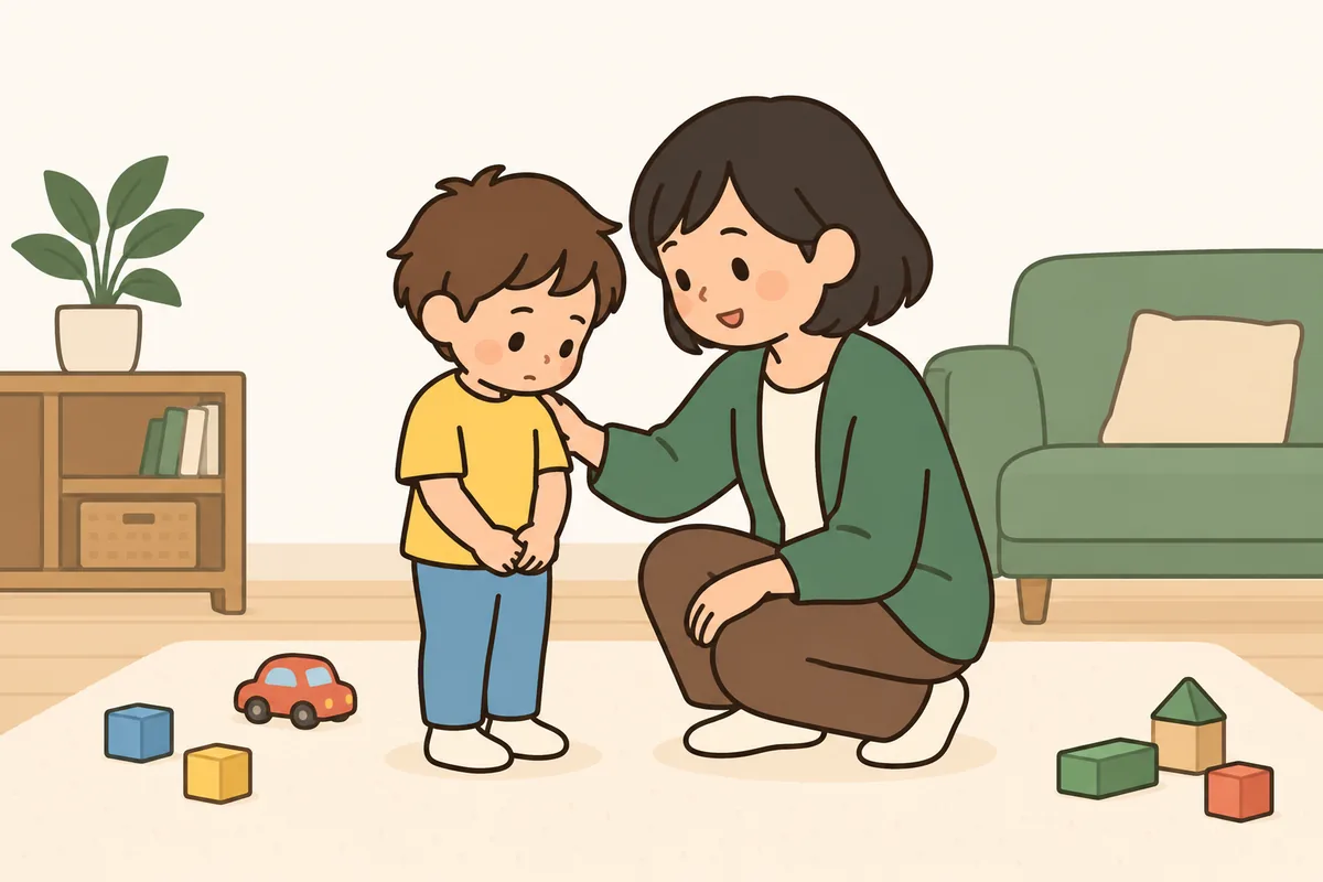 大人が子どもの目の高さにしゃがみ、短く話しかけている