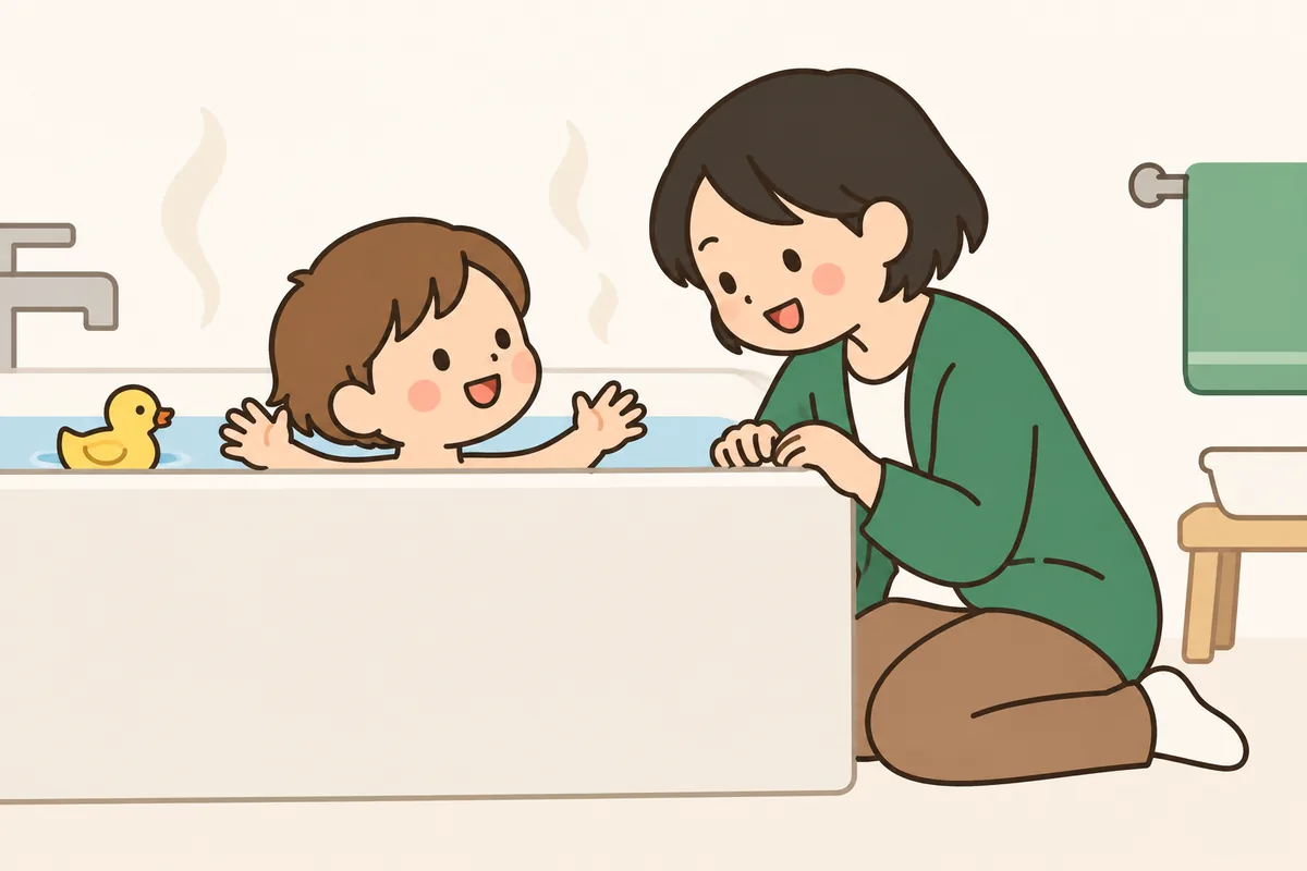 お風呂で、子どもと大人が向かい合って楽しそうに話している