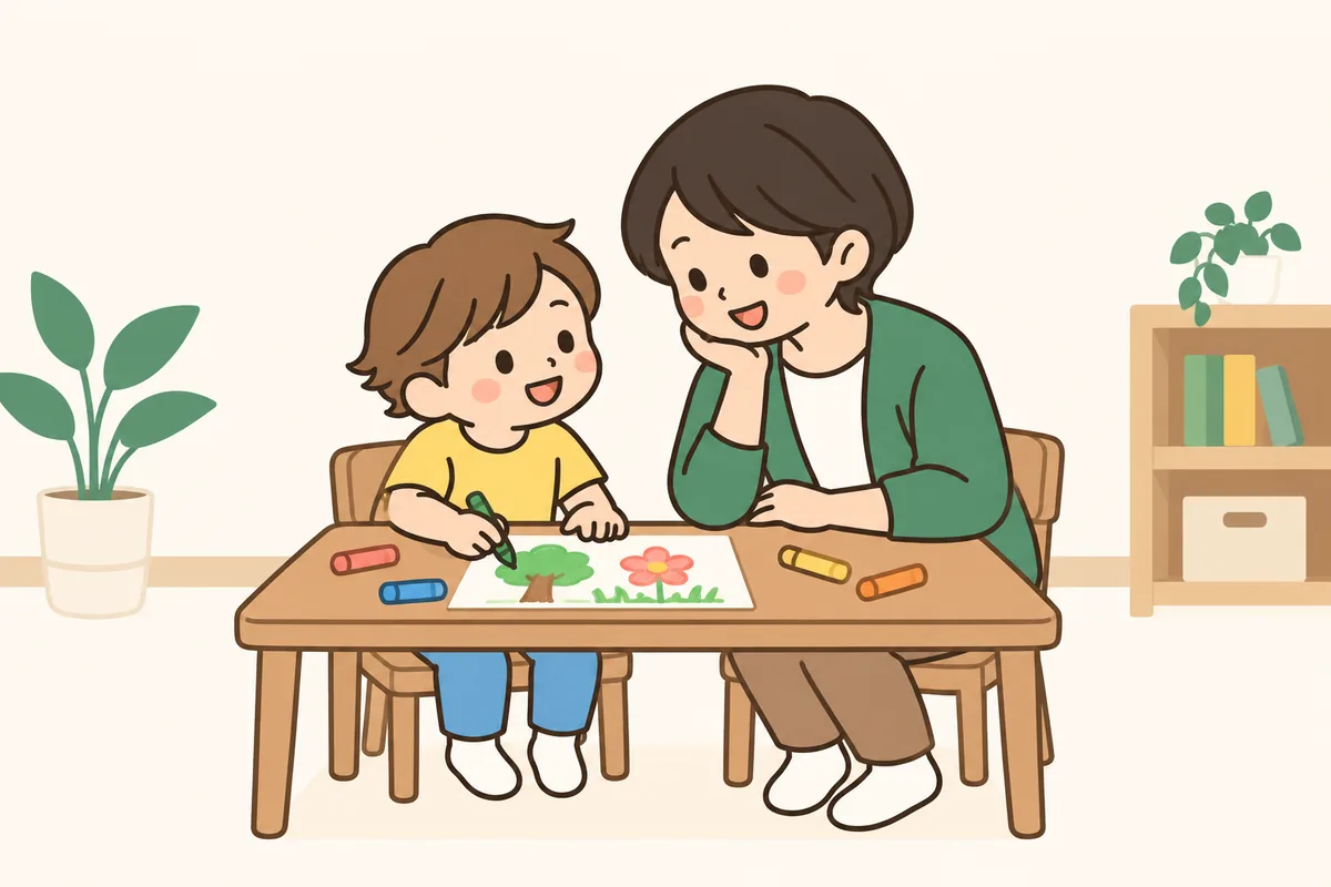 机で絵を描く子どもと、隣でのぞき込む大人