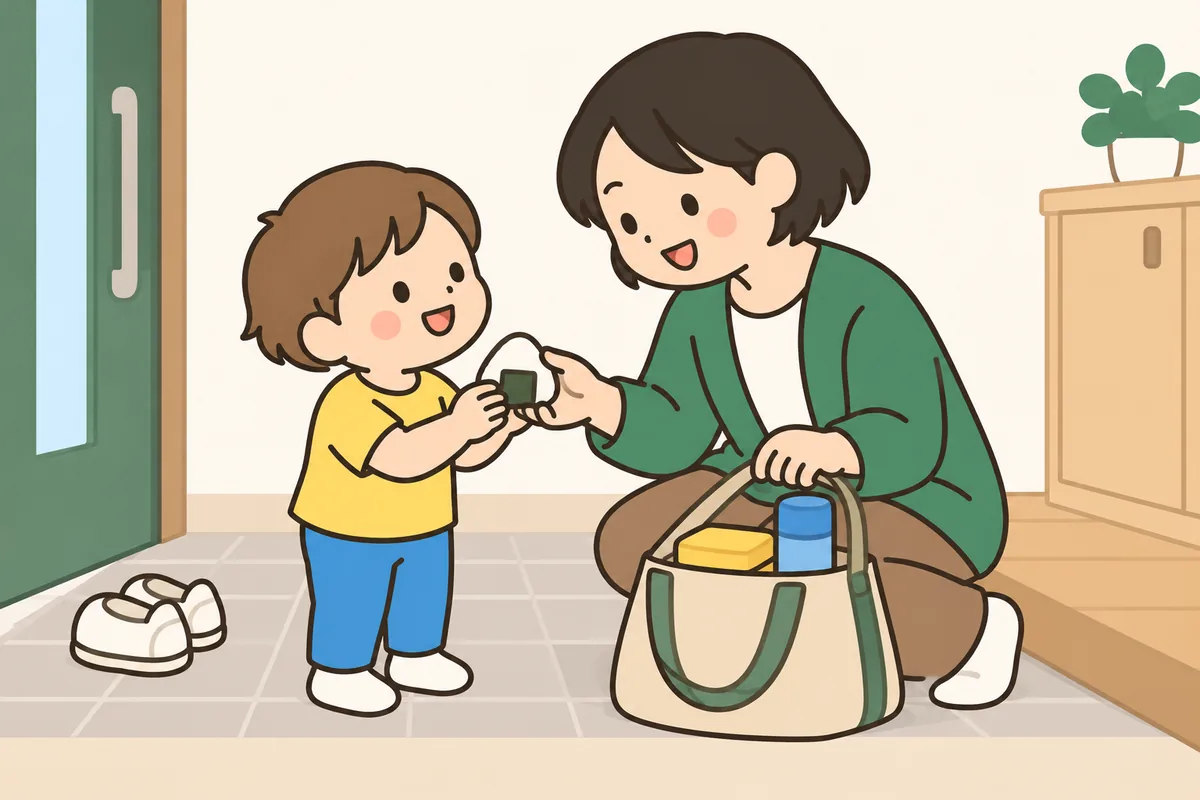 出かける前に、大人が子どもに小さなおにぎりを渡している