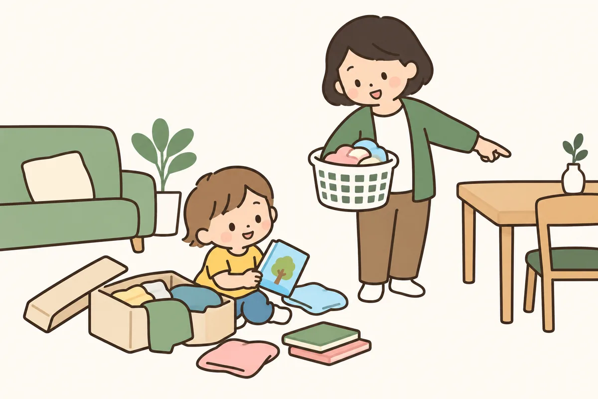 床で遊ぶ子どもに、大人がかがんで声をかけてから立ち上がろうとしている