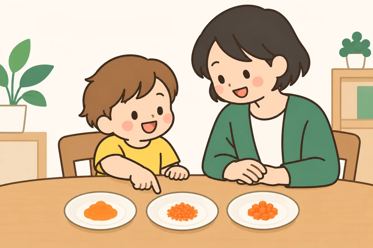 小皿に少しずつ形を変えた同じ野菜が並び、子どもがひとつを指さしている
