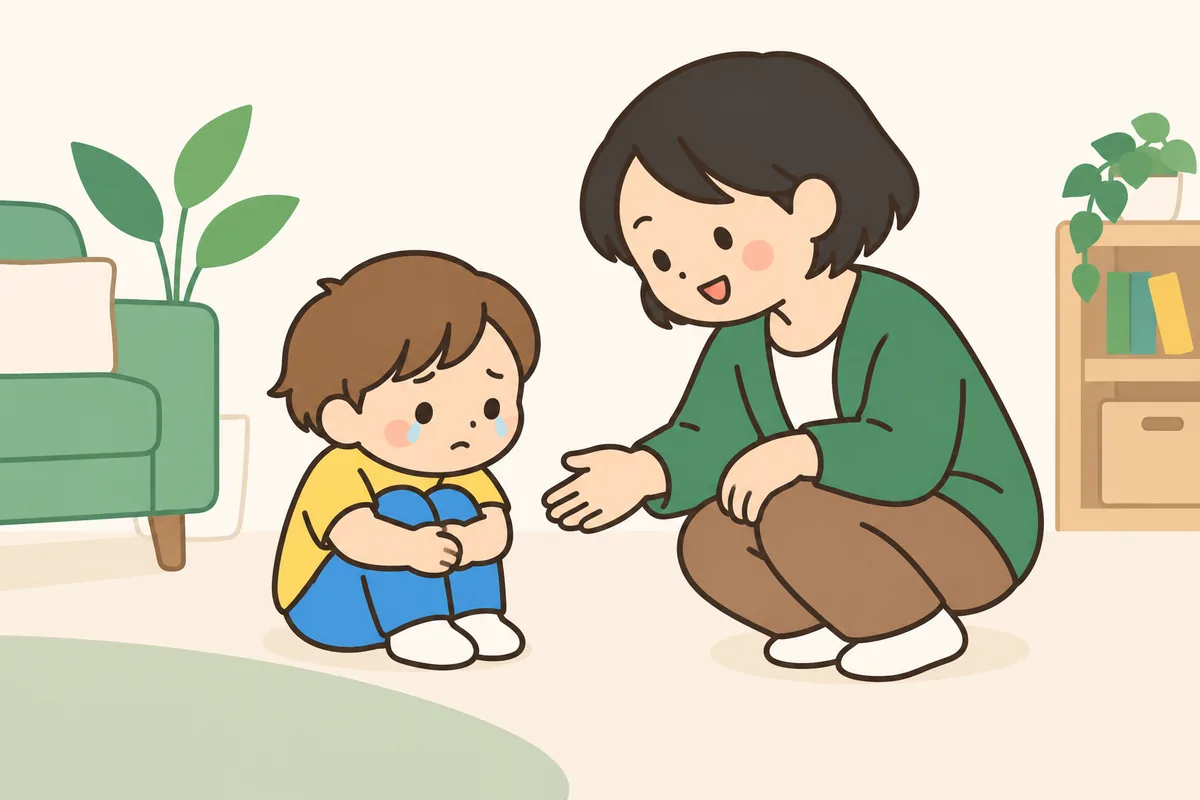 泣いている子どもの横に大人がしゃがみ、落ち着くのを待っている