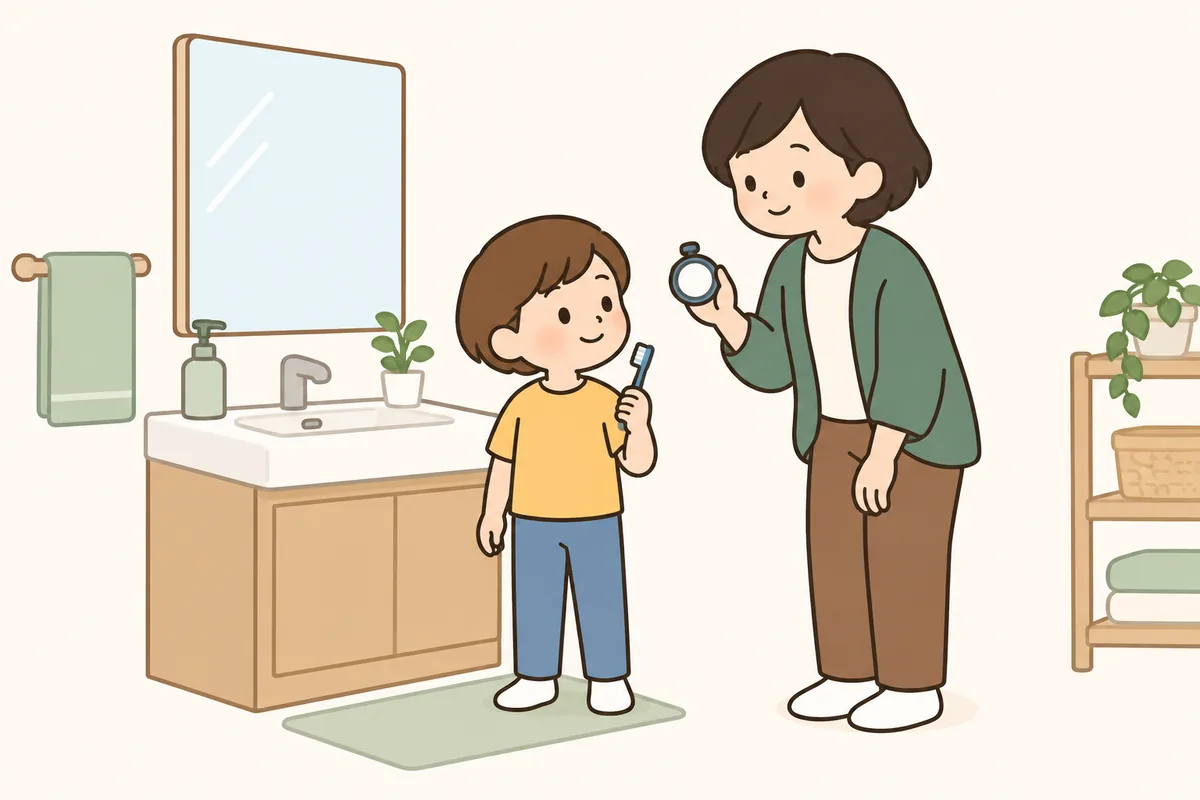歯をみがく子どもの横で、大人がストップウォッチで時間を計っている。