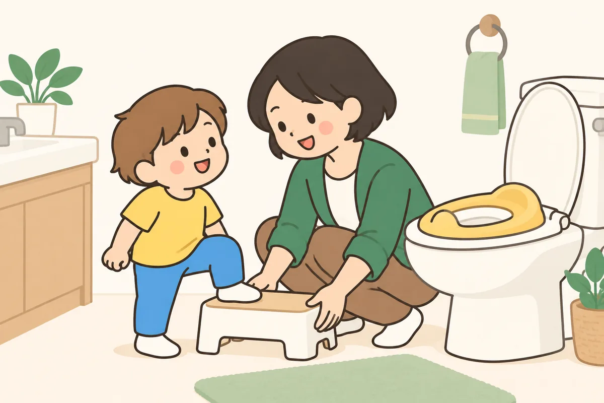 トイレの補助便座の前に、大人が足台を置いて子どもに見せている