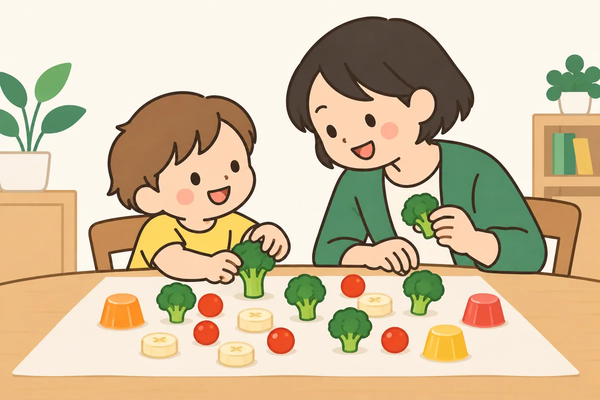 テーブルで、子どもが果物や野菜を手で触って遊んでいる