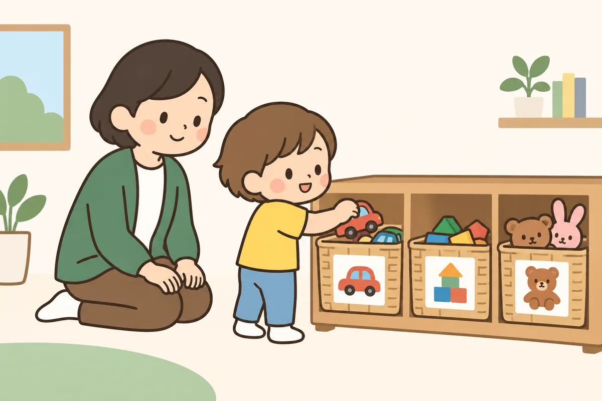 低い棚に並んだかごの前で、子どもが車のおもちゃを自分でかごに戻している