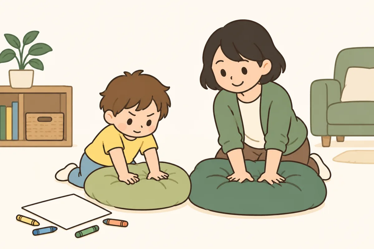 子どもが大きなクッションを両手でたたき、大人が隣で同じポーズをしている
