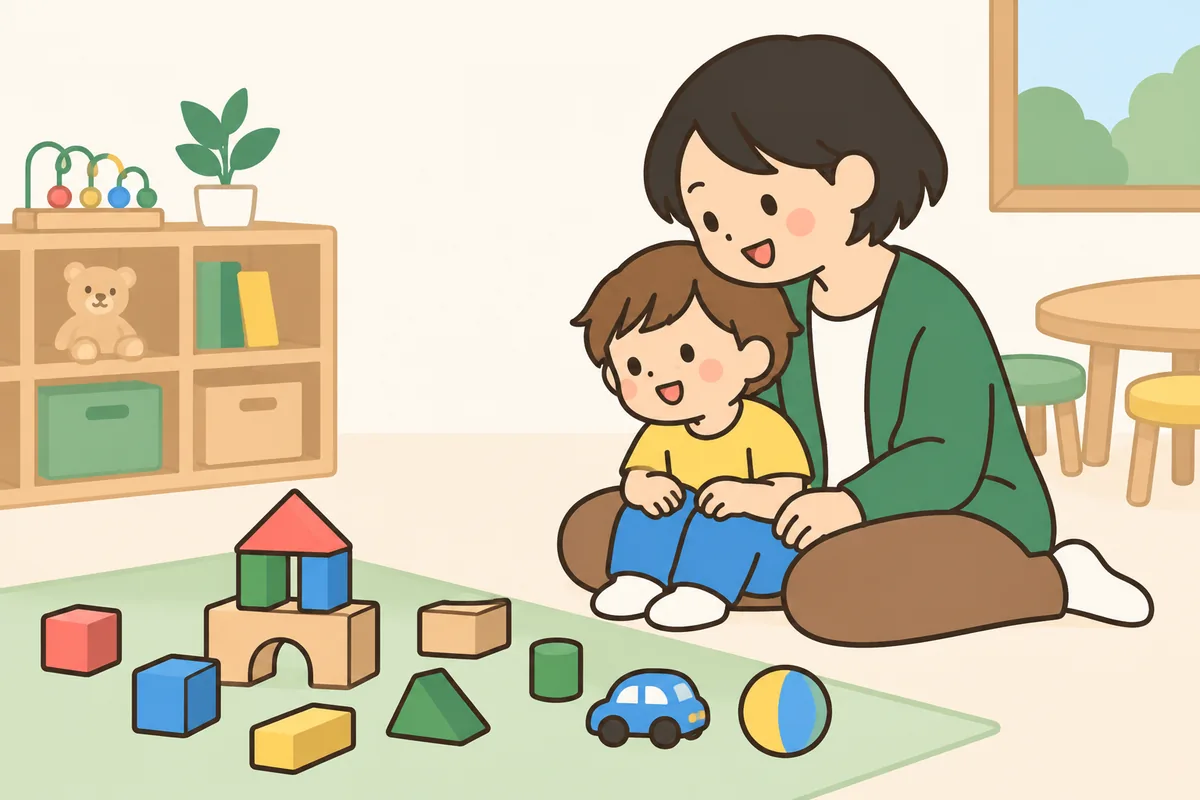 子どもが大人のそばに寄りかかりながら、少し先のおもちゃを見ている