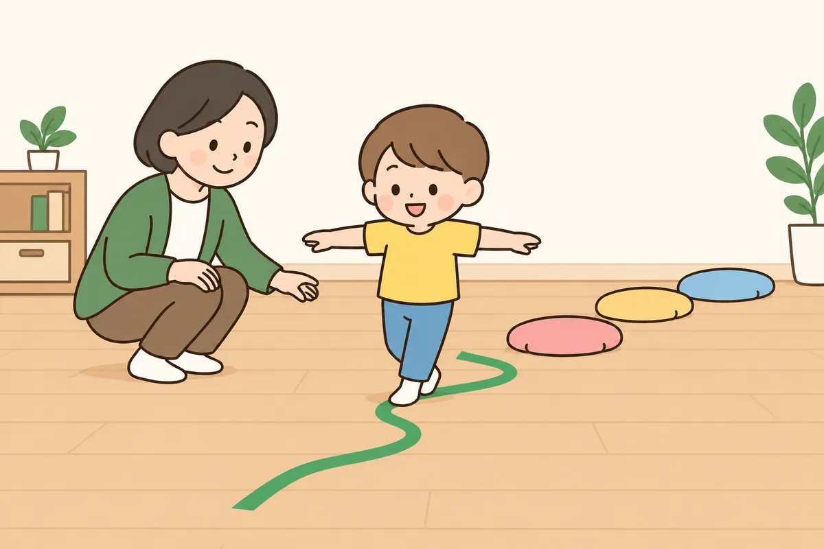 子どもが両腕を広げて、床に貼ったテープの線の上を歩き、大人が隣で見守っている