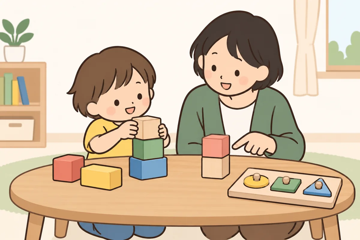 子どもが、大人の作った見本を見ながら積み木を積んでいる
