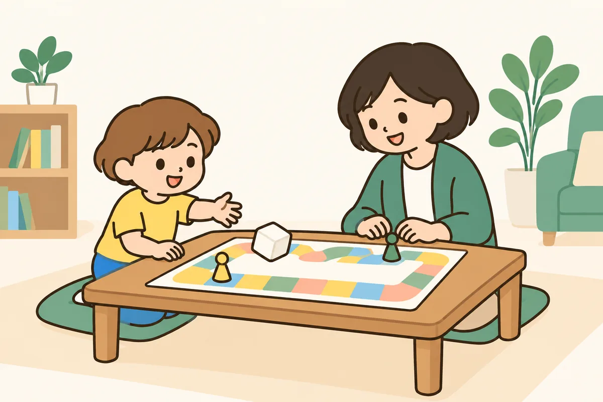 テーブルの上のすごろくで、子どもと大人がサイコロを振って遊んでいる。