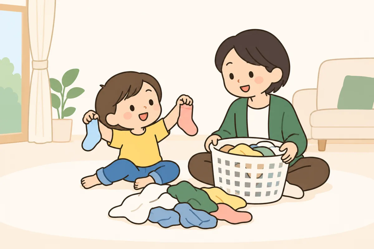 子どもが大人と一緒に、洗濯物の靴下の対を探している