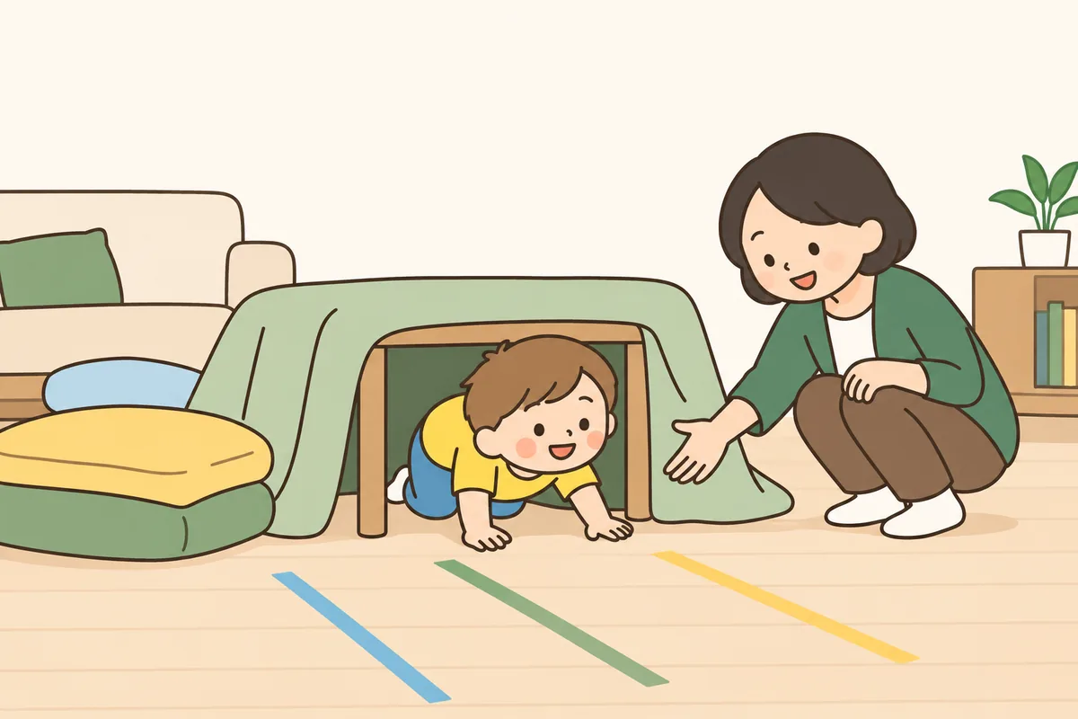 子どもが、毛布をかけた机の下のトンネルをはってくぐり、大人がそばで見守っている