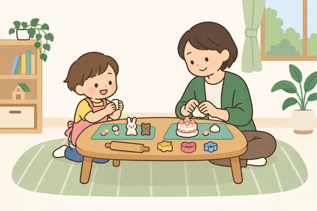 敷物の上で、子どもと大人が粘土をこねて、ケーキや動物を作っている