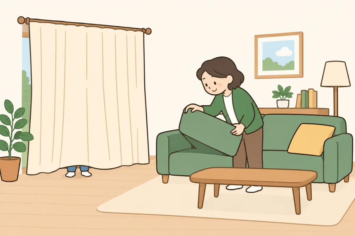 カーテンのうしろから足が見えている子どもを、大人が探すふりをしている