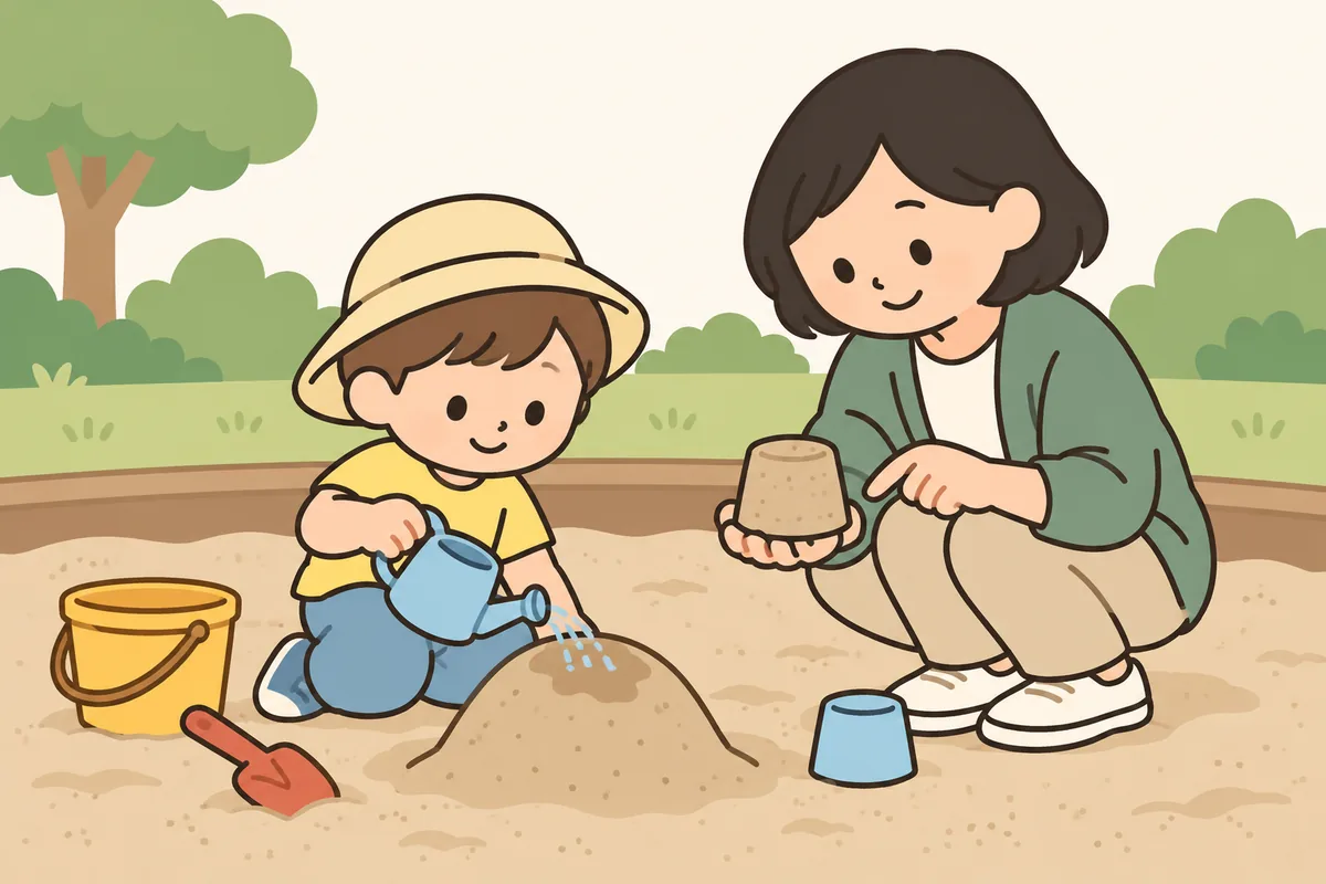 公園の砂場で、子どもがじょうろで砂の山に水を注いでいる。